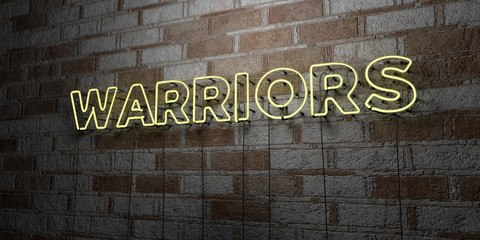 WARRIORS - Glowing Neon Sign on stonework wall - 3D rendered royalty free stock illustration.  Can be used for online banner ads and direct mailers..