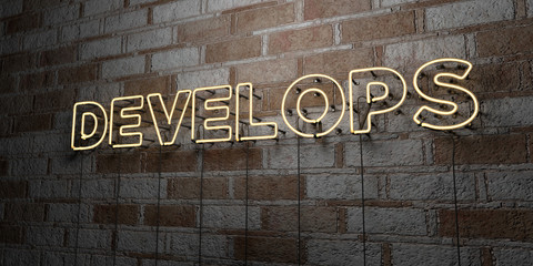 DEVELOPS - Glowing Neon Sign on stonework wall - 3D rendered royalty free stock illustration.  Can be used for online banner ads and direct mailers..