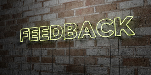 FEEDBACK - Glowing Neon Sign on stonework wall - 3D rendered royalty free stock illustration.  Can be used for online banner ads and direct mailers..