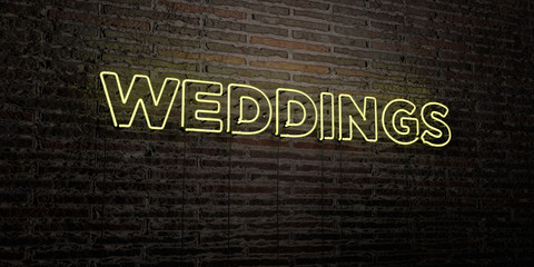 WEDDINGS -Realistic Neon Sign on Brick Wall background - 3D rendered royalty free stock image. Can be used for online banner ads and direct mailers..