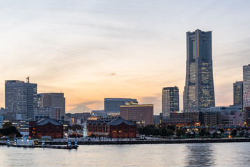 Yokohama Minato Mirai 21 seaside urban area in Japan at dusk