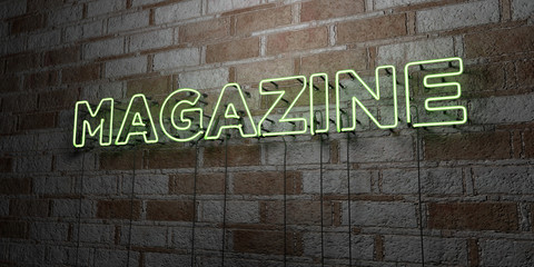 MAGAZINE - Glowing Neon Sign on stonework wall - 3D rendered royalty free stock illustration.  Can be used for online banner ads and direct mailers..