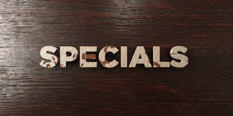Specials - grungy wooden headline on Maple  - 3D rendered royalty free stock image. This image can be used for an online website banner ad or a print postcard.