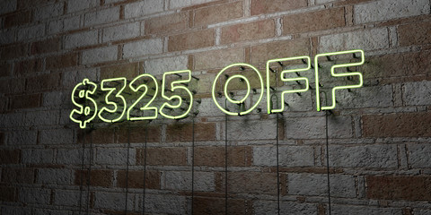 $325 OFF - Glowing Neon Sign on stonework wall - 3D rendered royalty free stock illustration.  Can be used for online banner ads and direct mailers..