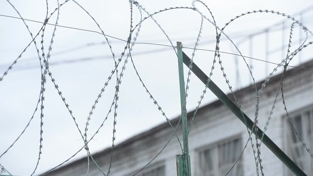 Fence in the prison of power of detention. Inner classic prison landscape. Russia 