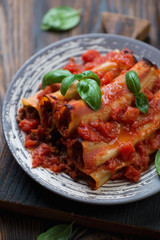 Close-up of cannelloni with ground meat baked in tomato sauce