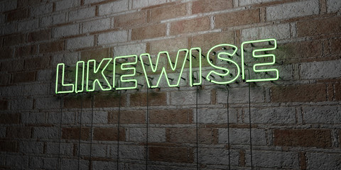 LIKEWISE - Glowing Neon Sign on stonework wall - 3D rendered royalty free stock illustration.  Can be used for online banner ads and direct mailers..