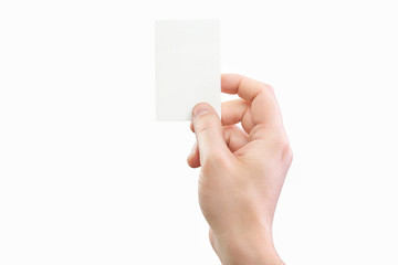 Male hand holding white business card at isolated background 