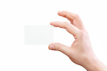 Male hand holding white business card at isolated background 