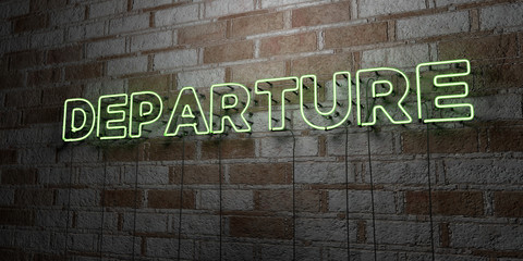 DEPARTURE - Glowing Neon Sign on stonework wall - 3D rendered royalty free stock illustration.  Can be used for online banner ads and direct mailers..