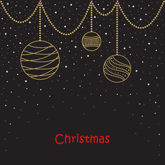 Christmas card. balls, snowflakes, tree.