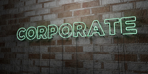 CORPORATE - Glowing Neon Sign on stonework wall - 3D rendered royalty free stock illustration.  Can be used for online banner ads and direct mailers..