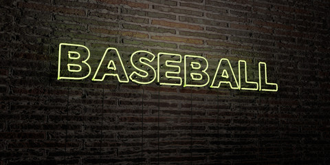 BASEBALL -Realistic Neon Sign on Brick Wall background - 3D rendered royalty free stock image. Can be used for online banner ads and direct mailers..