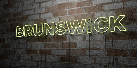 BRUNSWICK - Glowing Neon Sign on stonework wall - 3D rendered royalty free stock illustration.  Can be used for online banner ads and direct mailers..