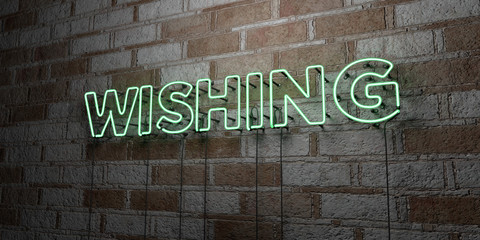WISHING - Glowing Neon Sign on stonework wall - 3D rendered royalty free stock illustration.  Can be used for online banner ads and direct mailers..