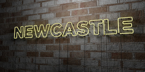 NEWCASTLE - Glowing Neon Sign on stonework wall - 3D rendered royalty free stock illustration.  Can be used for online banner ads and direct mailers..