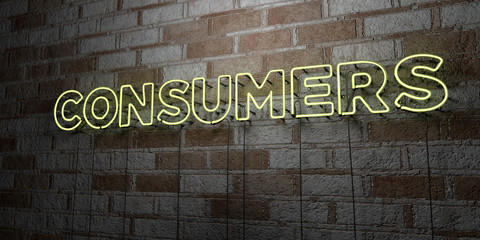 CONSUMERS - Glowing Neon Sign on stonework wall - 3D rendered royalty free stock illustration.  Can be used for online banner ads and direct mailers..