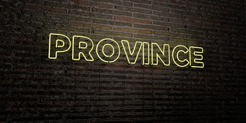 PROVINCE -Realistic Neon Sign on Brick Wall background - 3D rendered royalty free stock image. Can be used for online banner ads and direct mailers..