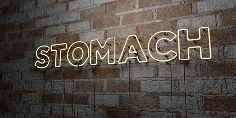 STOMACH - Glowing Neon Sign on stonework wall - 3D rendered royalty free stock illustration.  Can be used for online banner ads and direct mailers..
