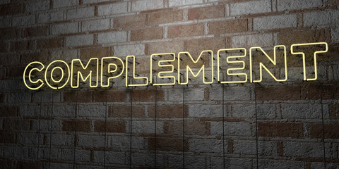 COMPLEMENT - Glowing Neon Sign on stonework wall - 3D rendered royalty free stock illustration.  Can be used for online banner ads and direct mailers..