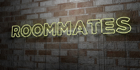 ROOMMATES - Glowing Neon Sign on stonework wall - 3D rendered royalty free stock illustration.  Can be used for online banner ads and direct mailers..