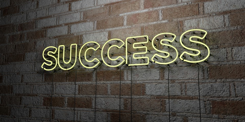 SUCCESS - Glowing Neon Sign on stonework wall - 3D rendered royalty free stock illustration.  Can be used for online banner ads and direct mailers..