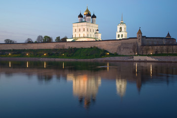 Fototapeta na wymiar View of Trinity Cathedral in the Pskov Kremlin in May twilight. Pskov, Russia