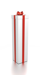 White gift box with red ribbon bow tie from side angle. Tall, vertical, long, rectangle and very large size.