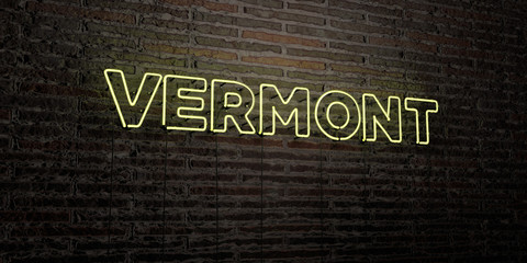 VERMONT -Realistic Neon Sign on Brick Wall background - 3D rendered royalty free stock image. Can be used for online banner ads and direct mailers..