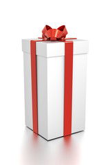 White gift box with red ribbon bow tie from side angle. Tall, vertical, square and medium size.