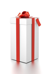 White gift box with red ribbon bow tie from far side angle. Tall, vertical, square and medium size.