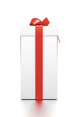 White gift box with red ribbon bow tie from front angle. Tall, vertical, square and medium size.