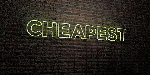 CHEAPEST -Realistic Neon Sign on Brick Wall background - 3D rendered royalty free stock image. Can be used for online banner ads and direct mailers..