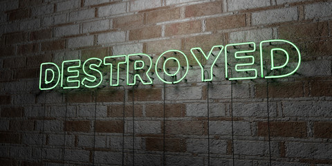 DESTROYED - Glowing Neon Sign on stonework wall - 3D rendered royalty free stock illustration.  Can be used for online banner ads and direct mailers..