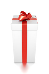 White gift box with red ribbon bow tie from top front closeup angle. Tall, vertical, square and medium size.