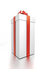 White gift box with red ribbon bow tie from side closeup angle. Tall, vertical, square and medium size.