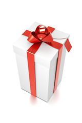 White gift box with red ribbon bow tie from top side closeup angle. Tall, vertical, square and medium size.