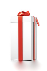 White gift box with red ribbon bow tie from front far side angle. Tall, vertical, square and medium size.