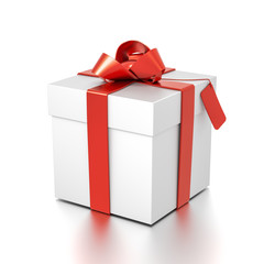 White gift box with red ribbon bow tie from top side angle. Square, cube and medium size.