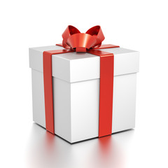 White gift box with red ribbon bow tie from side angle. Square, cube and medium size.