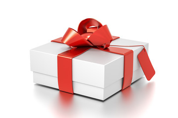 White gift box with red ribbon bow tie from top side angle. Horizontal, square and small size.