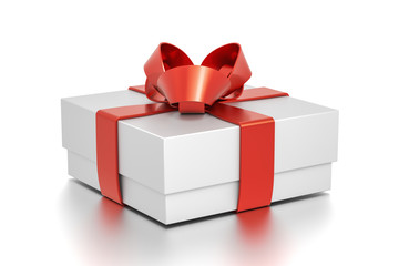 White gift box with red ribbon bow tie from side angle. Horizontal, square and small size.