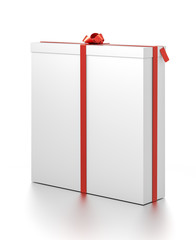 White gift box with red ribbon bow tie from far side angle. Tall, wide, vertical, long, rectangle and large size.