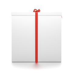 White gift box with red ribbon bow tie from front angle. Tall, wide, vertical, long, rectangle and large size.
