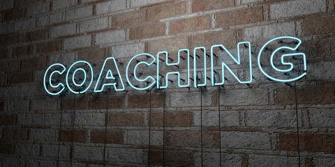COACHING - Glowing Neon Sign on stonework wall - 3D rendered royalty free stock illustration.  Can be used for online banner ads and direct mailers..