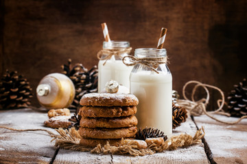 Obraz na płótnie Canvas Christmas cookies and warm milk in bottles, rustic style, vintag