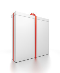 White gift box with red ribbon bow tie from side closeup angle. Tall, wide, vertical, long, rectangle and large size.
