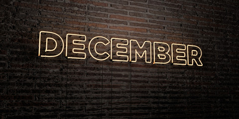 DECEMBER -Realistic Neon Sign on Brick Wall background - 3D rendered royalty free stock image. Can be used for online banner ads and direct mailers..