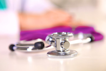 Fototapeta na wymiar close up medical stethoscope on a white background