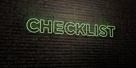 CHECKLIST -Realistic Neon Sign on Brick Wall background - 3D rendered royalty free stock image. Can be used for online banner ads and direct mailers..